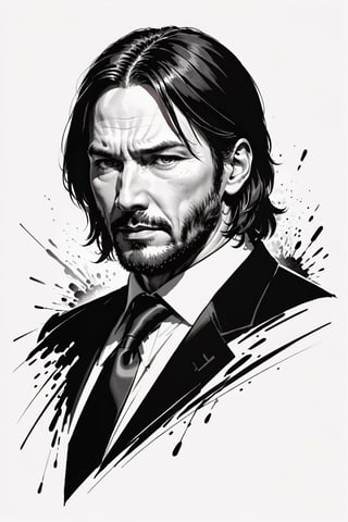 dark, gritty, realistic, mix of bold dark lines and loose lines, bold lines, on paper, turnaround character sheet, a stunningly beautiful (masterpiece, best quality:1.3), (2d:1.3), ink (medium), t-shirt design, White background, Full body, 2D illustration, John Wick, black color, (sharp lines), lines of bold ink, strong outlines, bold strokes, high contrast, (professional vector), best quality, flat colors, flat lights, no shadows, low levels, (gunpowder explosions), arcane symbols, runes, dark theme, Perfect composition golden ratio, masterpiece, best quality, 4k, sharp focus. Better hand, perfect anatomy, ((safe for work))