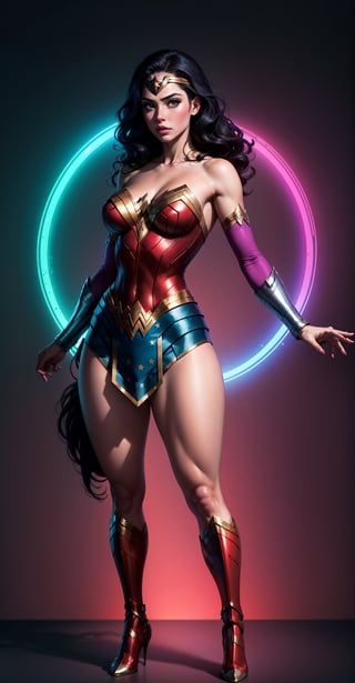 Wonder Woman ((full body)), (big tits) masterpiece, best quality, ((abstract, psychedelic, neon, background)),(creative:1.3), sy3, SMM, fantasy00d