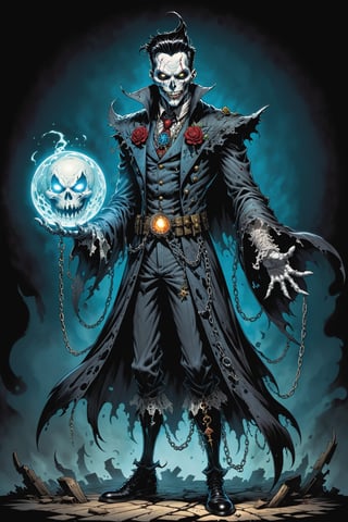 midshot, cel-shading style, centered image, ultra detailed illustration of the comic character (( Spawn Victorian horror theme, a character of a spectral figure known as the "Haunted Harbinger", a ghostly apparition of a long-dead aristocrat, wears a tattered once-opulent suit adorned with decayed medals and frayed lace, translucent skin glows with an ethereal blue light,  eyes are empty sockets that emit a ghostly mist, chains hang from its wrists and ankles dragging along the ground with a haunting clatter, twisted face in eternal agony, carries a spectral lantern that casts an eerie flickering light by, Todd McFarlane)), posing,  he has black  in traditional Indian attire with a skull emblem, ((holding a A sphere)),  (((Full Body))), (((perfect hands))),(((realistic hands))),(((accurate hands))), (tetradic colors), inkpunk, ink lines, strong outlines, art by MSchiffer, bold traces, unframed, high contrast, cel-shaded, vector, 4k resolution, best quality, (chromatic aberration:1.8)