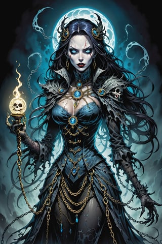 midshot, cel-shading style, centered image, ultra detailed illustration of the comic character ((female Spawn Victorian horror theme, a character of a spectral figure known as the "Haunted Harbinger", a ghostly apparition of a long-dead aristocrat, wears a tattered once-opulent suit adorned with decayed medals and frayed lace, translucent skin glows with an ethereal blue light,  eyes are empty sockets that emit a ghostly mist, chains hang from its wrists and ankles dragging along the ground with a haunting clatter, twisted face in eternal agony, carries a spectral lantern that casts an eerie flickering light by, Todd McFarlane)), posing,  with a skull emblem, ((holding a spear)), (((Full Body))),(((perfect hands))), (((accurate hands))), (((realistic hands))), (tetradic colors), inkpunk, ink lines, strong outlines, art by MSchiffer, bold traces, unframed, high contrast, cel-shaded, vector, 4k resolution, best quality, (chromatic aberration:1.8)