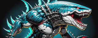 midshot, cel-shading style, centered image, ultra detailed illustration of the comic character ((Spawn , A cyborg Megalodon combines raw natural power with advanced technology. This fearsome creature features a blend of organic scales and sleek metallic components. His limbs are reinforced with steel plating and hydraulic joints, enhancing its strength and agility. Cybernetic eyes glow with a menacing light, capable of night vision and advanced targeting. The Megalodon claws are replaced with razor-sharp. This fusion of beast and machine creates a formidable predator, both in the wild and in combat scenarios.,exosuit, by Todd McFarlane)), posing, with a skull emblem,   (((Full Body))), accent color, gray,white, black and blue, (tetradic colors), inkpunk, ink lines, strong outlines, art by MSchiffer, bold traces, unframed, high contrast, cel-shaded, vector, 4k resolution, best quality, (chromatic aberration:1.8)