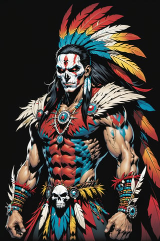 midshot, cel-shading style, centered image, ultra detailed illustration of the comic character ((male Spawn American Indian, by Todd McFarlane)), posing,  he has black  in traditional Indian attire with a skull emblem, ((Half Body)), (tetradic colors), inkpunk, ink lines, strong outlines, art by MSchiffer, bold traces, unframed, high contrast, cel-shaded, vector, 4k resolution, best quality, (chromatic aberration:1.8)