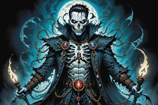 midshot, cel-shading style, centered image, ultra detailed illustration of the comic character (( Spawn Victorian horror theme, a character of a spectral figure known as the "Haunted Harbinger", a ghostly apparition of a long-dead aristocrat, wears a tattered once-opulent suit adorned with decayed medals and frayed lace, translucent skin glows with an ethereal blue light,  eyes are empty sockets that emit a ghostly mist, chains hang from its wrists and ankles dragging along the ground with a haunting clatter, twisted face in eternal agony, carries a spectral lantern that casts an eerie flickering light by, Todd McFarlane)), posing,  he has black  in traditional Indian attire with a skull emblem, ((holding a A spear)),  (((Full Body))), (((perfect hands))),(((realistic hands))),(((accurate hands))), (tetradic colors), inkpunk, ink lines, strong outlines, art by MSchiffer, bold traces, unframed, high contrast, cel-shaded, vector, 4k resolution, best quality, (chromatic aberration:1.8)