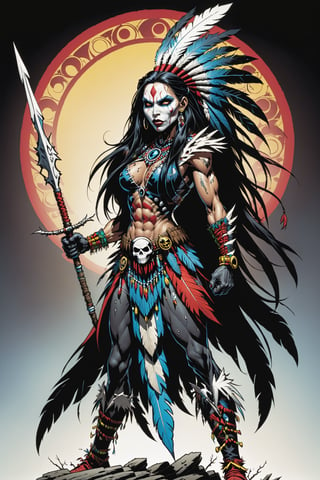 midshot, cel-shading style, centered image, ultra detailed illustration of the comic character ((female Spawn American Indian, by Todd McFarlane)), posing,  he has black  in traditional Indian attire with a skull emblem, ((holding a spear)), Indian TP in the background)),  (((Full Body))), (tetradic colors), inkpunk, ink lines, strong outlines, art by MSchiffer, bold traces, unframed, high contrast, cel-shaded, vector, 4k resolution, best quality, (chromatic aberration:1.8)