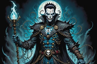 midshot, cel-shading style, centered image, ultra detailed illustration of the comic character (( Spawn Victorian horror theme, a character of a spectral figure known as the "Haunted Harbinger", a ghostly apparition of a long-dead aristocrat, wears a tattered once-opulent suit adorned with decayed medals and frayed lace, translucent skin glows with an ethereal blue light,  eyes are empty sockets that emit a ghostly mist, chains hang from its wrists and ankles dragging along the ground with a haunting clatter, twisted face in eternal agony, carries a spectral lantern that casts an eerie flickering light by, Todd McFarlane)), posing,  he has black  in traditional Indian attire with a skull emblem, ((holding a A spear)),  (((Full Body))), (((perfect hands))),(((realistic hands))),(((accurate hands))), (tetradic colors), inkpunk, ink lines, strong outlines, art by MSchiffer, bold traces, unframed, high contrast, cel-shaded, vector, 4k resolution, best quality, (chromatic aberration:1.8)