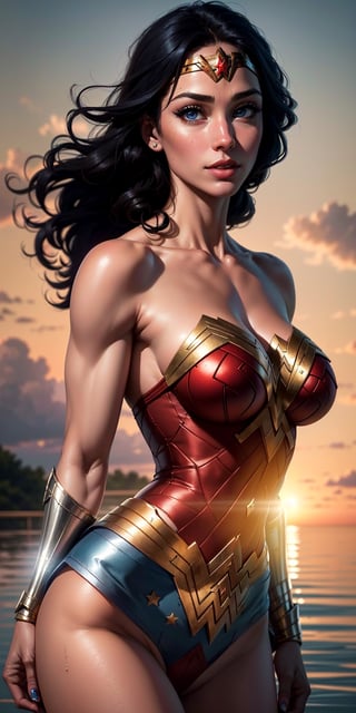 1woman, Wonder Woman, (((floating in the air))),(((flying in the air))), (((flying))),((full body)), ((sunset behind her)),(intricate details, makeup), (delicate and beautiful delicate face, delicate and beautiful delicate eyes, perfectly proportioned face), delicate skin, strong and realistic blue eyes, realistic black hair, lips, makeup, natural skin texture, tiara, jewelry, (star), \(symbol\),(((leotard))), (((wonder woman uniform))), gauntlet, red boots, golden girdle, (public clothing: 1.5), bare shoulders, slightly sunburned complexion, mature, sexy, toned muscles, (muscles:1.2), (((her body floating high in the sky))), (((flying through the clouds))),((strong and healthy body)), ((((more muscles))), long legs, curves, (big breasts: 1.3), thin waist, soft waist, (delicate skin), (beautiful and sexy woman), (swollen lips: 0.9), very delicate muscles, standing,(realistic: 1.5), photorealistic, octane rendering, hyperrealistic, tight modeling, (photorealistic face: 1.2), thick eyelashes, long eyelashes, (curly dark hair: 1.1), best quality, half smile, (looking at the viewer), sharp focus, (4k), (masterpiece), (best quality), fantasy, extremely detailed, intricate, hyper detailed, (perfect face), illustration, soft lighting,(specular lighting:1.4), blue eyes, absurdly photorealistic, ultra high resolution, intricate, hyperdetailed, (skindentation), female, detailed body, (detailed face: 1.1), (outlined iris), (hydrocolor lenses), (perfect eyes), 4k, gorgeous, (masterpiece: 1.2), (best quality:1.2),