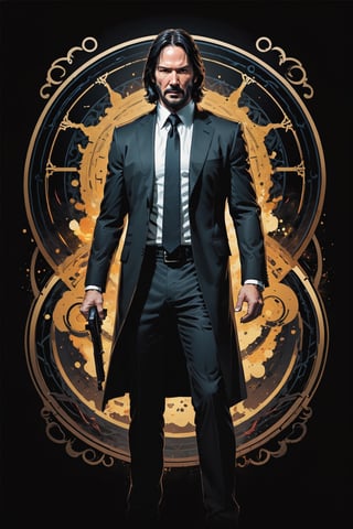 dark, gritty, realistic, mix of bold dark lines and loose lines, bold lines, on paper, turnaround character sheet, a stunningly beautiful (masterpiece, best quality:1.3), (2d:1.3), ink (medium), t-shirt design, black background, Full body, 2D illustration, John Wick, black color, (sharp lines), lines of bold ink, strong outlines, bold strokes, high contrast, (professional vector), best quality, flat colors, flat lights, no shadows, low levels, (gunpowder explosions), arcane symbols, runes, dark theme, Perfect composition golden ratio, masterpiece, best quality, 4k, sharp focus. Better hand, perfect anatomy, ((safe for work))