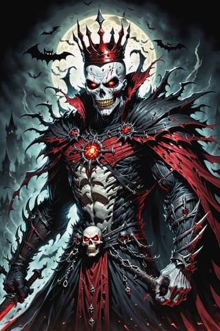 midshot, cel-shading style, centered image, ultra detailed illustration of the comic character (( Spawn   Halloween-style fantasy world image featuring a terrifying undead king with a skull face and glowing red eyes. Envision the king adorned in torn black and red dark clothes, wielding a deadly, sinister spiky weapon. Specify a dark fantasy-style atmosphere with chilling details, capturing the sinister essence of this undead monarch. Request a visually striking composition that blends the elements of horror and fantasy, creating a haunting masterpiece perfect for the Halloween theme by, Todd McFarlane)), posing,  he has black  in traditional Indian attire with a skull emblem, ((holding a A spear)),  (((Full Body))), (((perfect hands))),(((realistic hands))),(((accurate hands))), (tetradic colors), inkpunk, ink lines, strong outlines, art by MSchiffer, bold traces, unframed, high contrast, cel-shaded, vector, 4k resolution, best quality, (chromatic aberration:1.8)