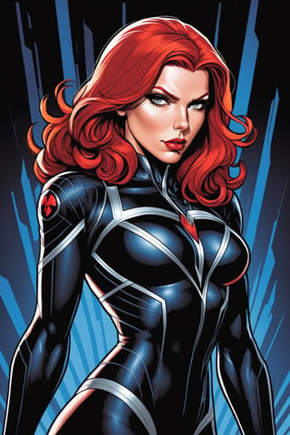 midshot, cel-shading style, centered image, ultra detailed illustration of Black widow, the comic character, posing, (tetradic colors), inkpunk, ink lines, strong outlines, art by MSchiffer, bold traces, unframed, high contrast, cel-shaded, vector, 4k resolution, best quality, (chromatic aberration:1.8)