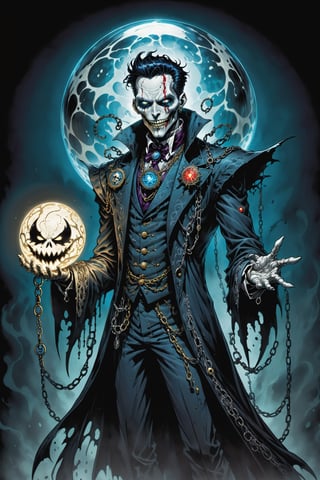 midshot, cel-shading style, centered image, ultra detailed illustration of the comic character (( Spawn Victorian horror theme, a character of a spectral figure known as the "Haunted Harbinger", a ghostly apparition of a long-dead aristocrat, wears a tattered once-opulent suit adorned with decayed medals and frayed lace, translucent skin glows with an ethereal blue light,  eyes are empty sockets that emit a ghostly mist, chains hang from its wrists and ankles dragging along the ground with a haunting clatter, twisted face in eternal agony, carries a spectral lantern that casts an eerie flickering light by, Todd McFarlane)), posing,  he has black  in traditional Indian attire with a skull emblem, ((holding a A sphere)),  (((Full Body))), (((perfect hands))),(((realistic hands))),(((accurate hands))), (tetradic colors), inkpunk, ink lines, strong outlines, art by MSchiffer, bold traces, unframed, high contrast, cel-shaded, vector, 4k resolution, best quality, (chromatic aberration:1.8)