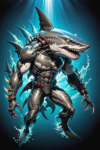 midshot, cel-shading style, centered image, ultra detailed illustration of the comic character ((Spawn , A cyborg (((Hammerhead shark))) combines raw natural power with advanced technology. This fearsome creature features a blend of organic scales and sleek metallic components. His limbs are reinforced with steel plating and hydraulic joints, enhancing its strength and agility. Cybernetic eyes glow with a menacing light, capable of night vision and advanced targeting. (((The Hammerhead  shark))) claws are replaced with razor-sharp. This fusion of beast and machine creates a formidable predator, both in the wild and in combat scenarios.,exosuit, by Todd McFarlane)), posing, with a skull emblem,   (((Full Body))), accent color, gray,white, black and blue, (tetradic colors), inkpunk, ink lines, strong outlines, art by MSchiffer, bold traces, unframed, high contrast, cel-shaded, vector, 4k resolution, best quality, (chromatic aberration:1.8)