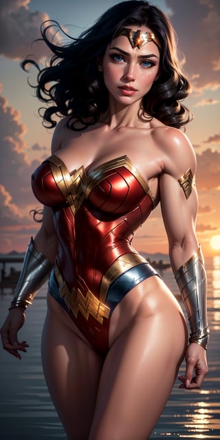 1woman, Wonder Woman, (((floating in the air))),(((flying in the air))), (((flying))),((full body)), ((sunset behind her)),(intricate details, makeup), (delicate and beautiful delicate face, delicate and beautiful delicate eyes, perfectly proportioned face), delicate skin, strong and realistic blue eyes, realistic black hair, lips, makeup, natural skin texture, tiara, jewelry, (star), \(symbol\),(((leotard))), (((wonder woman uniform))), gauntlet, red boots, golden girdle, (public clothing: 1.5), bare shoulders, slightly sunburned complexion, mature, sexy, toned muscles, (muscles:1.2), (((her body floating in the sky))), (((flying through the clouds))),((strong and healthy body)), ((((more muscles))), long legs, curves, (big breasts: 1.3), thin waist, soft waist, (delicate skin), (beautiful and sexy woman), (swollen lips: 0.9), very delicate muscles, standing,(realistic: 1.5), photorealistic, octane rendering, hyperrealistic, tight modeling, (photorealistic face: 1.2), thick eyelashes, long eyelashes, (curly dark hair: 1.1), best quality, half smile, (looking at the viewer), sharp focus, (4k), (masterpiece), (best quality), fantasy, extremely detailed, intricate, hyper detailed, (perfect face), illustration, soft lighting,(specular lighting:1.4), blue eyes, absurdly photorealistic, ultra high resolution, intricate, hyperdetailed, (skindentation), female, detailed body, (detailed face: 1.1), (outlined iris), (hydrocolor lenses), (perfect eyes), 4k, gorgeous, (masterpiece: 1.2), (best quality:1.2),