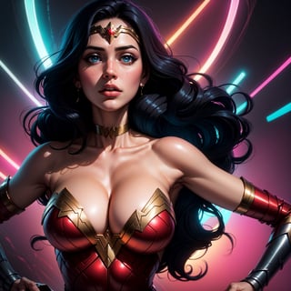 Wonder Woman (big tits) masterpiece, best quality, ((abstract, psychedelic, neon, background)),(creative:1.3), sy3, SMM, fantasy00d