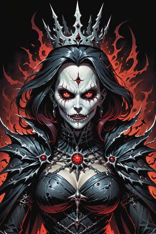 midshot, cel-shading style, centered image, ultra detailed illustration of the comic character (( female Spawn  Halloween-style fantasy world image featuring a terrifying undead Queen with a skull face and glowing red eyes. Envision the Queen adorned in torn black and red dark clothes, wielding a deadly, sinister spiky weapon. Specify a dark fantasy-style atmosphere with chilling details, capturing the sinister essence of this undead monarch. Request a visually striking composition that blends the elements of horror and fantasy, creating a haunting masterpiece perfect for the Halloween theme by, Todd McFarlane)), posing,  he has black  in traditional Indian attire with a skull emblem, ((holding a A spear)),  (((Full Body))), (((perfect hands))),(((realistic hands))),(((accurate hands))), (tetradic colors), inkpunk, ink lines, strong outlines, art by MSchiffer, bold traces, unframed, high contrast, cel-shaded, vector, 4k resolution, best quality, (chromatic aberration:1.8)