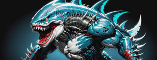 midshot, cel-shading style, centered image, ultra detailed illustration of the comic character ((Spawn , A cyborg Megalodon combines raw natural power with advanced technology. This fearsome creature features a blend of organic scales and sleek metallic components. His limbs are reinforced with steel plating and hydraulic joints, enhancing its strength and agility. Cybernetic eyes glow with a menacing light, capable of night vision and advanced targeting. The Megalodon claws are replaced with razor-sharp. This fusion of beast and machine creates a formidable predator, both in the wild and in combat scenarios.,exosuit, by Todd McFarlane)), posing, with a skull emblem,   (((Full Body))), accent color, gray,white, black and blue, (tetradic colors), inkpunk, ink lines, strong outlines, art by MSchiffer, bold traces, unframed, high contrast, cel-shaded, vector, 4k resolution, best quality, (chromatic aberration:1.8)