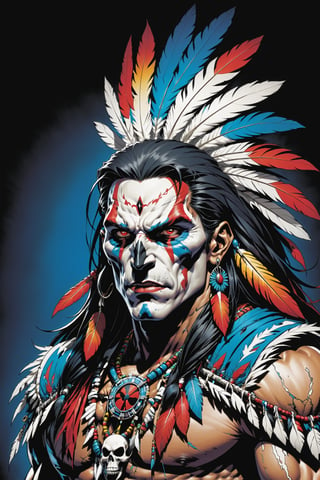 midshot, cel-shading style, centered image, ultra detailed illustration of the comic character ((male Spawn American Indian, by Todd McFarlane)), posing,  he has black  in traditional Indian attire with a skull emblem, ((Half Body)), (tetradic colors), inkpunk, ink lines, strong outlines, art by MSchiffer, bold traces, unframed, high contrast, cel-shaded, vector, 4k resolution, best quality, (chromatic aberration:1.8)