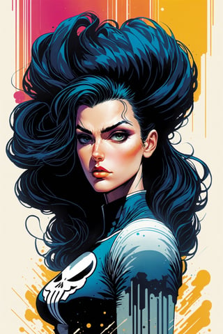 midshot, cel-shading style, centered image, ultra detailed illustration of the comic character, a female Punisher, posing, flowing Maine of black hair, ((Full Body)), (tetradic colors), inkpunk, ink lines, strong outlines, art by MSchiffer, bold traces, unframed, high contrast, cel-shaded, vector, 4k resolution, best quality, (chromatic aberration:1.8)