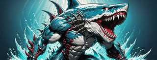 midshot, cel-shading style, centered image, ultra detailed illustration of the comic character ((Spawn , A cyborg Megalodon combines raw natural power with advanced technology. This fearsome creature features a blend of organic scales and sleek metallic components. His limbs are reinforced with steel plating and hydraulic joints, enhancing its strength and agility. Cybernetic eyes glow with a menacing light, capable of night vision and advanced targeting. The Megalodon claws are replaced with razor-sharp. This fusion of beast and machine creates a formidable predator, both in the wild and in combat scenarios.,exosuit, by Todd McFarlane)), posing, with a skull emblem,   (((Full Body))), accent color, gray,white, black and blue, (tetradic colors), inkpunk, ink lines, strong outlines, art by MSchiffer, bold traces, unframed, high contrast, cel-shaded, vector, 4k resolution, best quality, (chromatic aberration:1.8)