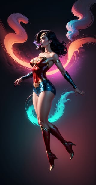 Wonder Woman (big tits),(( side view,)),((full body)),((floating in air)),masterpiece, best quality, ((abstract, psychedelic, neon, smoke , background)),(creative:1.3), sy3, SMM, fantasy00d