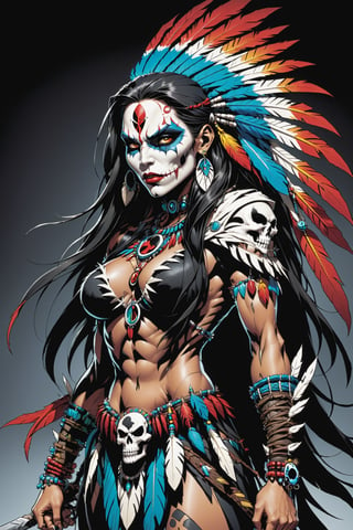 midshot, cel-shading style, centered image, ultra detailed illustration of the comic character ((female Spawn American Indian, by Todd McFarlane)), posing,  he has black  in traditional Indian attire with a skull emblem, (((Full Body))), (tetradic colors), inkpunk, ink lines, strong outlines, art by MSchiffer, bold traces, unframed, high contrast, cel-shaded, vector, 4k resolution, best quality, (chromatic aberration:1.8)