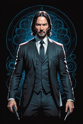 dark, gritty, realistic, mix of bold dark lines and loose lines, bold lines, on paper, turnaround character sheet, a stunningly beautiful (masterpiece, best quality:1.3), (2d:1.3), ink (medium), t-shirt design, black background, Full body, 2D illustration, John Wick, black color, (sharp lines), lines of bold ink, strong outlines, bold strokes, high contrast, (professional vector), best quality, flat colors, flat lights, no shadows, low levels, (gunpowder explosions), arcane symbols, runes, dark theme, Perfect composition golden ratio, masterpiece, best quality, 4k, sharp focus. Better hand, perfect anatomy, ((safe for work))