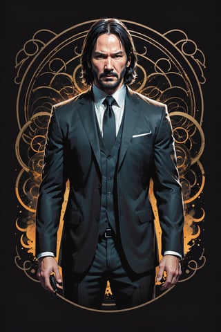 dark, gritty, realistic, mix of bold dark lines and loose lines, bold lines, on paper, turnaround character sheet, a stunningly beautiful (masterpiece, best quality:1.3), (2d:1.3), ink (medium), t-shirt design, black background, Full body, 2D illustration, John Wick, black color, (sharp lines), lines of bold ink, strong outlines, bold strokes, high contrast, (professional vector), best quality, flat colors, flat lights, no shadows, low levels, (gunpowder explosions), arcane symbols, runes, dark theme, Perfect composition golden ratio, masterpiece, best quality, 4k, sharp focus. Better hand, perfect anatomy, ((safe for work))