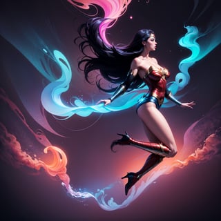 Wonder Woman (big tits),(( side view,)),((full body)),((floating in air)),masterpiece, best quality, ((abstract, psychedelic, neon, smoke , background)),(creative:1.3), sy3, SMM, fantasy00d