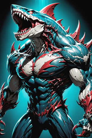 midshot, cel-shading style, centered image, ultra detailed illustration of the comic character ((Spawn , A cyborg Megalodon combines raw natural power with advanced technology. This fearsome creature features a blend of organic scales and sleek metallic components. His limbs are reinforced with steel plating and hydraulic joints, enhancing its strength and agility. Cybernetic eyes glow with a menacing light, capable of night vision and advanced targeting. The Megalodon claws are replaced with razor-sharp. This fusion of beast and machine creates a formidable predator, both in the wild and in combat scenarios.,exosuit, by Todd McFarlane)), posing, with a skull emblem,   (((Full Body))), (tetradic colors), inkpunk, ink lines, strong outlines, art by MSchiffer, bold traces, unframed, high contrast, cel-shaded, vector, 4k resolution, best quality, (chromatic aberration:1.8)