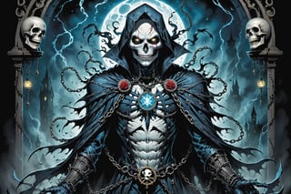 midshot, cel-shading style, centered image, ultra detailed illustration of the comic character ((female Spawn Victorian horror theme, a character of a spectral figure known as the "Haunted Harbinger", a ghostly apparition of a long-dead aristocrat, wears a tattered once-opulent suit adorned with decayed medals and frayed lace, translucent skin glows with an ethereal blue light,  eyes are empty sockets that emit a ghostly mist, chains hang from its wrists and ankles dragging along the ground with a haunting clatter, twisted face in eternal agony, carries a spectral lantern that casts an eerie flickering light by, Todd McFarlane)), posing,  with a skull emblem, ((holding a spear)), (((Full Body))),(((perfect hands))), (((accurate hands))), (((realistic hands))), (tetradic colors), inkpunk, ink lines, strong outlines, art by MSchiffer, bold traces, unframed, high contrast, cel-shaded, vector, 4k resolution, best quality, (chromatic aberration:1.8)