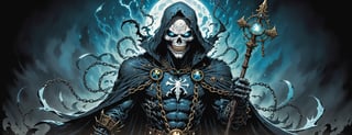 midshot, cel-shading style, centered image, ultra detailed illustration of the comic character (( Spawn Victorian horror theme, a character of a spectral figure known as the "Haunted Harbinger", a ghostly apparition of a long-dead aristocrat, wears a tattered once-opulent suit adorned with decayed medals and frayed lace, translucent skin glows with an ethereal blue light,  eyes are empty sockets that emit a ghostly mist, chains hang from its wrists and ankles dragging along the ground with a haunting clatter, twisted face in eternal agony, carries a spectral lantern that casts an eerie flickering light by, Todd McFarlane)), posing,  he has black  in traditional Indian attire with a skull emblem, ((holding a A spear)),  (((Full Body))), (((perfect hands))),(((realistic hands))),(((accurate hands))), (tetradic colors), inkpunk, ink lines, strong outlines, art by MSchiffer, bold traces, unframed, high contrast, cel-shaded, vector, 4k resolution, best quality, (chromatic aberration:1.8)