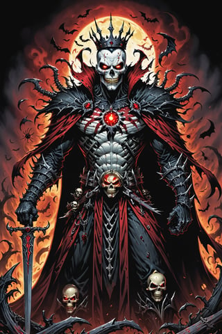 midshot, cel-shading style, centered image, ultra detailed illustration of the comic character (( Spawn   Halloween-style fantasy world image featuring a terrifying undead king with a skull face and glowing red eyes. Envision the king adorned in torn black and red dark clothes, wielding a deadly, sinister spiky weapon. Specify a dark fantasy-style atmosphere with chilling details, capturing the sinister essence of this undead monarch. Request a visually striking composition that blends the elements of horror and fantasy, creating a haunting masterpiece perfect for the Halloween theme by, Todd McFarlane)), posing,  he has black  in traditional Indian attire with a skull emblem, ((holding a A spear)),  (((Full Body))), (((perfect hands))),(((realistic hands))),(((accurate hands))), (tetradic colors), inkpunk, ink lines, strong outlines, art by MSchiffer, bold traces, unframed, high contrast, cel-shaded, vector, 4k resolution, best quality, (chromatic aberration:1.8)