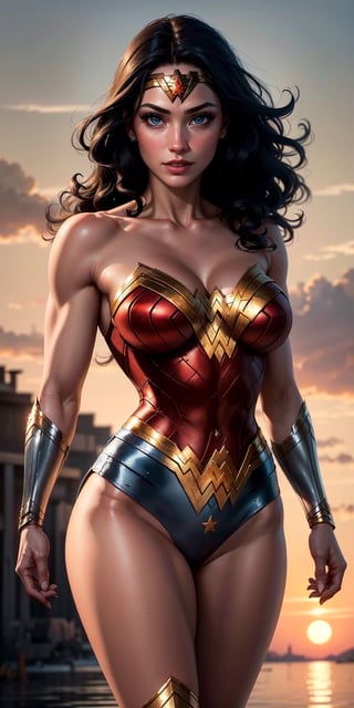 1woman, Wonder Woman, (((floating in the air))),(((flying in the air))), (((flying))),((full body)), ((sunset behind her)),(intricate details, makeup), (delicate and beautiful delicate face, delicate and beautiful delicate eyes, perfectly proportioned face), delicate skin, strong and realistic blue eyes, realistic black hair, lips, makeup, natural skin texture, tiara, jewelry, (star), \(symbol\),(((leotard))), (((wonder woman uniform))), gauntlet, red boots, golden girdle, (public clothing: 1.5), bare shoulders, slightly sunburned complexion, mature, sexy, toned muscles, (muscles:1.2), (((her body floating high in the sky))), (((flying through the clouds))),((strong and healthy body)), ((((more muscles))), long legs, curves, (big breasts: 1.3), thin waist, soft waist, (delicate skin), (beautiful and sexy woman), (swollen lips: 0.9), very delicate muscles, standing,(realistic: 1.5), photorealistic, octane rendering, hyperrealistic, tight modeling, (photorealistic face: 1.2), thick eyelashes, long eyelashes, (curly dark hair: 1.1), best quality, half smile, (looking at the viewer), sharp focus, (4k), (masterpiece), (best quality), fantasy, extremely detailed, intricate, hyper detailed, (perfect face), illustration, soft lighting,(specular lighting:1.4), blue eyes, absurdly photorealistic, ultra high resolution, intricate, hyperdetailed, (skindentation), female, detailed body, (detailed face: 1.1), (outlined iris), (hydrocolor lenses), (perfect eyes), 4k, gorgeous, (masterpiece: 1.2), (best quality:1.2),