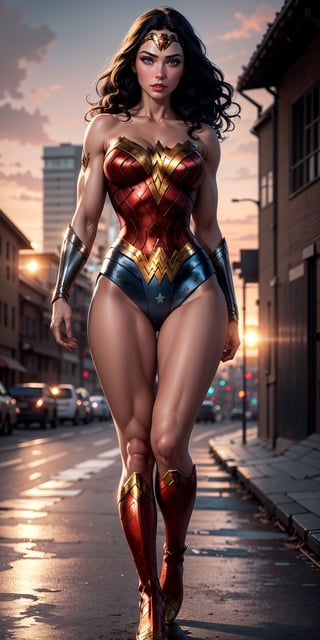 1woman, Wonder Woman, (((floating in the air))),(((flying in the air))),((full body)), ((sunset behind her)),(intricate details, makeup), (delicate and beautiful delicate face, delicate and beautiful delicate eyes, perfectly proportioned face), delicate skin, strong and realistic blue eyes, realistic black hair, lips, makeup, natural skin texture, tiara, jewelry, (star), \(symbol\),(((leotard))), (((wonder woman uniform))), gauntlet, red boots, golden girdle, (public clothing: 1.5), bare shoulders, slightly sunburned complexion, mature, sexy, toned muscles, (muscles:1.2), ((view from behind)), ((strong and healthy body)), ((((more) muscles))), long legs, curves, (big breasts: 1.3), thin waist, soft waist, (delicate skin), (beautiful and sexy woman), (swollen lips: 0.9), very delicate muscles, standing,(realistic: 1.5), photorealistic, octane rendering, hyperrealistic, tight modeling, (photorealistic face: 1.2), thick eyelashes, long eyelashes, (curly dark hair: 1.1), best quality, half smile, (looking at the viewer), sharp focus, (4k), (masterpiece), (best quality), fantasy, extremely detailed, intricate, hyper detailed, (perfect face), illustration, soft lighting,(specular lighting:1.4), blue eyes, absurdly photorealistic, ultra high resolution, intricate, hyperdetailed, (skindentation), female, detailed body, (detailed face: 1.1), (outlined iris), (hydrocolor lenses), (perfect eyes), 4k, gorgeous, (masterpiece: 1.2), (best quality:1.2),