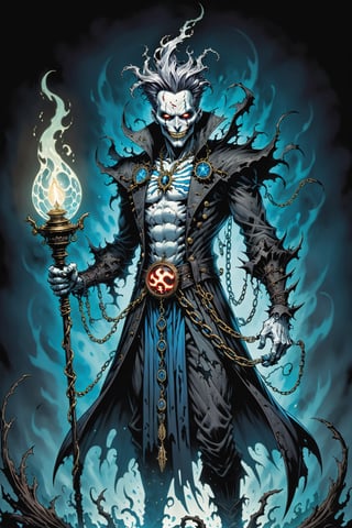 midshot, cel-shading style, centered image, ultra detailed illustration of the comic character (( Spawn Victorian horror theme, a character of a spectral figure known as the "Haunted Harbinger", a ghostly apparition of a long-dead aristocrat, wears a tattered once-opulent suit adorned with decayed medals and frayed lace, translucent skin glows with an ethereal blue light,  eyes are empty sockets that emit a ghostly mist, chains hang from its wrists and ankles dragging along the ground with a haunting clatter, twisted face in eternal agony, carries a spectral lantern that casts an eerie flickering light by, Todd McFarlane)), posing,  he has black  in traditional Indian attire with a skull emblem, ((holding a A spear)),  (((Full Body))), (((perfect hands))),(((realistic hands))),(((accurate hands))), (tetradic colors), inkpunk, ink lines, strong outlines, art by MSchiffer, bold traces, unframed, high contrast, cel-shaded, vector, 4k resolution, best quality, (chromatic aberration:1.8)