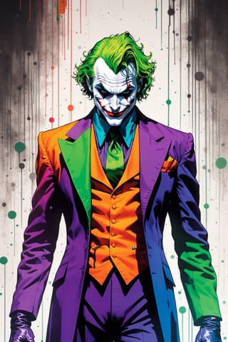 midshot, cel-shading style, centered image, ultra detailed illustration of The Joker, posing, ((Full Body)), (tetradic colors), ((inkpunk)), ((ink lines)), strong outlines, art by MSchiffer, bold traces, unframed, high contrast, cel-shaded, 4k resolution, best quality, (chromatic aberration:1.8)