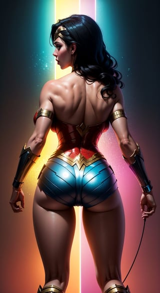 Wonder Woman (big tits),(( view from behind)), masterpiece, best quality, ((abstract, psychedelic, neon, background)),(creative:1.3), sy3, SMM, fantasy00d