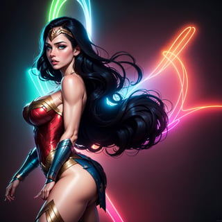 Wonder Woman (big tits) masterpiece, best quality, ((abstract, psychedelic, neon, background)),(creative:1.3), sy3, SMM, fantasy00d