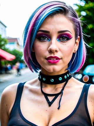 photorealistic, ((quality)), 8k, (UHD:1.23), centered, a beautiful mexican, fractal embrodeiry, ((punk makeup)), ((eyelashes)), blue turquoise latex mini dress, laces, ponytail hair, asymmetric_bangs, colored lips,  (cleavage), sultry smile, perfect teeth, silver pinkhair, (posing), walking red carpet, resemble britney spears