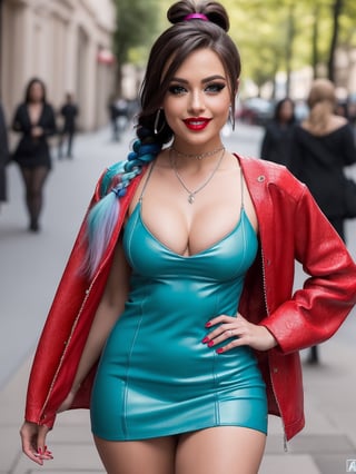 photorealistic, ((quality)), 8k, (UHD:1.23), a beautiful mexican, fractal embrodeiry, ((makeup)), ((eyelashes)), blue turquoise leather mini dress, laces, ponytail braided hair, asymmetric_bangs, colored lips,  (cleavage), sultry smile, perfect teeth, silver pinkhair, (posing), walking red carpet, resemble avril lavigne