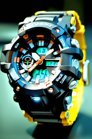 Sport watches, manly, product design, digital dial, gshock style, black dof, perspective, hyper realistic photo, ultra hd, based casio ae1100,