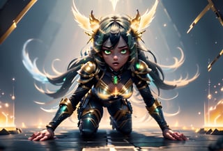 good quality, HD, light particles, [((1 neko woman, hair, gray with light blue stripes, shiny, round eyes, green eyes with golden edges, bright cups, good figure, light armor combat posture))]. action crawling towards the viewer, crouching, blood particles,perfect