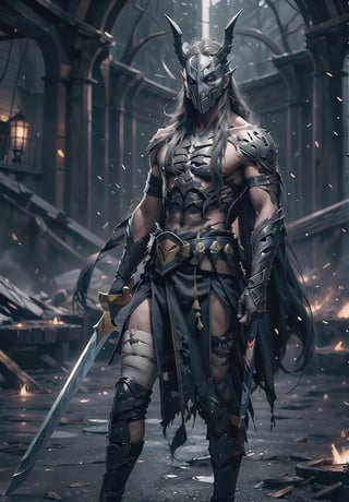 well illustrated, High definition, (league of legends character), ((Yone)), bandages on his body, long hair, mask, carries 2 swords,4rmorbre4k,horror (theme)