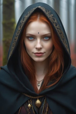 A young Russian pagan sorceress with red hair, pale face and blue eyes, the outline of her eyes very dark with a mysterious look and a charming and mysterious smile where she wears a very dark grey cloak that covers her whole head, this cloak was attached with a golden cord in a dark gloomy forest with fog and some crows on the side,(photorealistic), perfect eyes, perfect anatomy, ((photorealistic skin-textured faces)), IMGFIX,perfecteyes