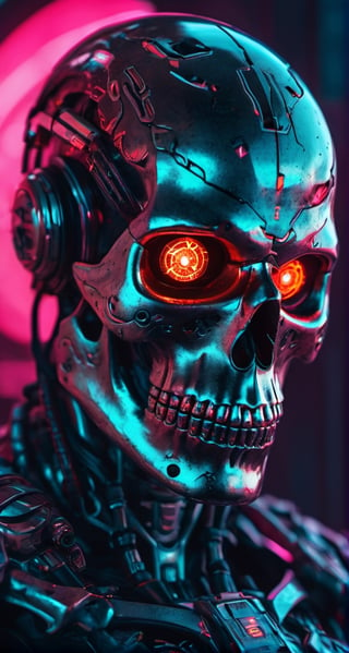 full body photo of evil menacing Translucent bio luminescent  cyborg skull, a beam of dark cosmic light  in background, red glowing vibrant eye socket,(intricate detail), (super detailed), 8k hdr, highly detailed,  perfect lighting, sinister glow,  atmospheric perspective, ray tracing, endless void background, skull fragments everywhere, Movie Still, backlighting, , cyborg style, Film Still,vaporwave style,cyborg style