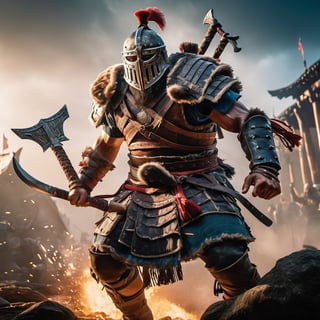 ((Insanely dynamic action shot)) of Berserker from For Honor, ultra realistic shot on Fujifilm GFX 50r Darek Zabrocki, Neil Blevins, Cedric Peyravernay, atmospheric