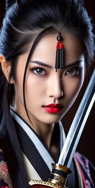 Generate an image of a girl. She possesses stunning, expressive eyes that reflect her strength and wisdom. Her long, lustrous black hair flows gracefully as she stands tall in a traditional samurai outfit, exuding elegance and power. In her hand, she firmly holds a gleaming Katana sword, symbolizing her mastery in the art of the sword and her dedication to the way of the warrior