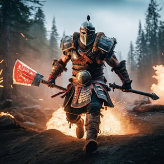 ((Insanely dynamic action shot)) of Berserker from For Honor, ultra realistic shot on Fujifilm GFX 50r Darek Zabrocki, Neil Blevins, Cedric Peyravernay, atmospheric