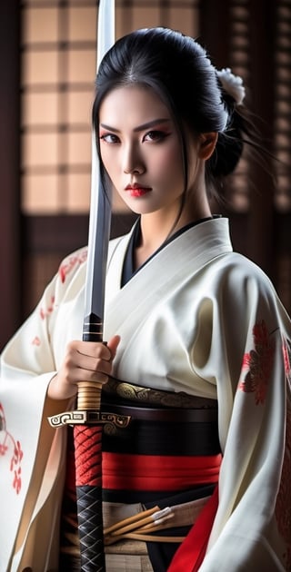 Generate an image of a girl. She possesses stunning, expressive eyes that reflect her strength and wisdom. Her long, lustrous black hair flows gracefully as she stands tall in a traditional samurai outfit, exuding elegance and power. In her hand, she firmly holds a gleaming Katana sword, symbolizing her mastery in the art of the sword and her dedication to the way of the warrior