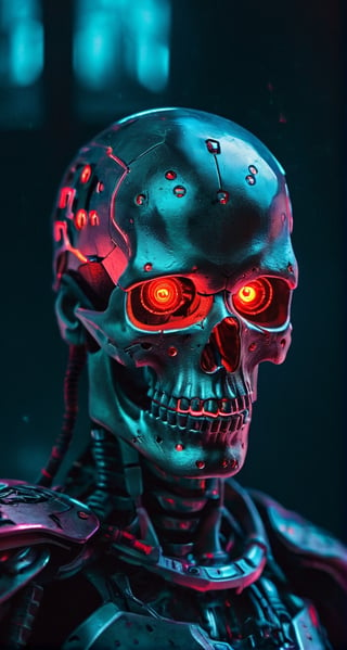 full body photo of evil menacing Translucent bio luminescent  cyborg skull, a beam of dark cosmic light  in background, red glowing vibrant eye socket,(intricate detail), (super detailed), 8k hdr, highly detailed,  perfect lighting, sinister glow,  atmospheric perspective, ray tracing, endless void background, skull fragments everywhere, Movie Still, backlighting, , cyborg style, Film Still,vaporwave style,cyborg style