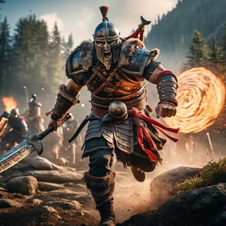 ((Insanely dynamic action shot)) of Berserker from For Honor, ultra realistic shot on Fujifilm GFX 50r Darek Zabrocki, Neil Blevins, Cedric Peyravernay, atmospheric